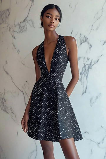Black White Polka Dot V-Neck A Line Graduation Dress